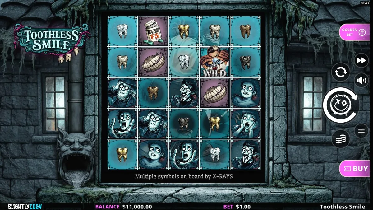 Isang nakakatakot ngunit masayang eksena ng Toothless Smile slot machine na may temang gothic dental horror.